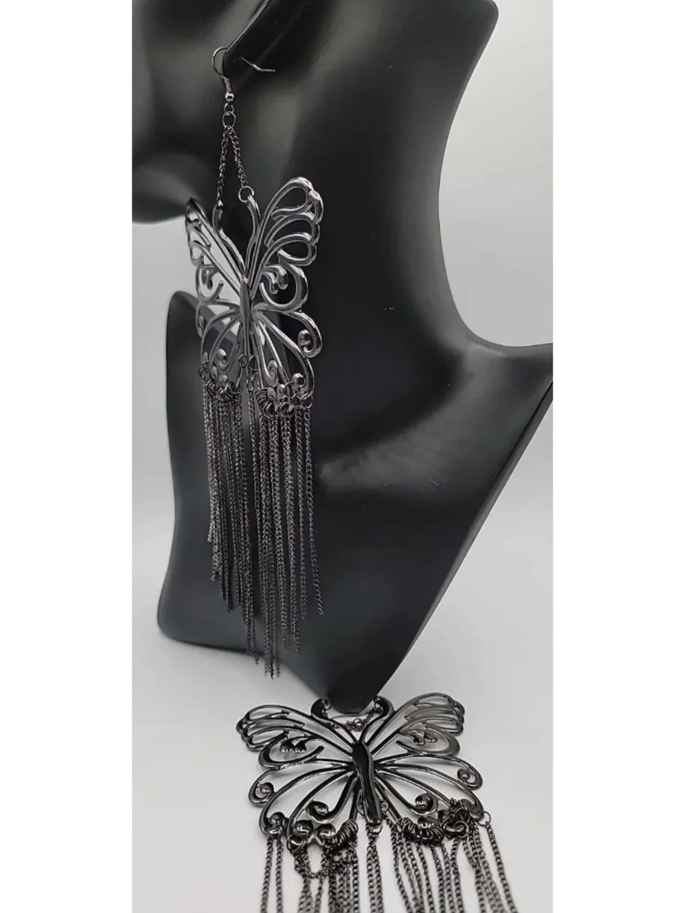 XXL Butterfly Runway Earrings Black Butterfly Tassel Statement Dangle Hooks 8"+ - Picture 5 of 10